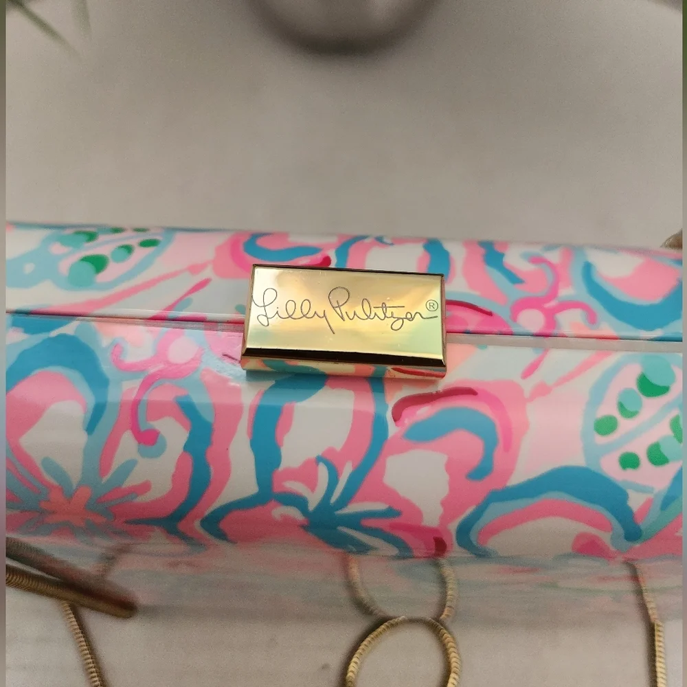 Lilly Pulitzer Hardshell Clutch Floral Pastel Crossbody Bag with Gold Chain